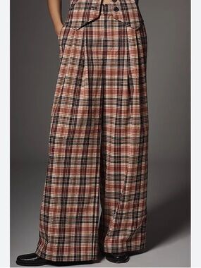 Anthropologie Maeve The Avery Sparkle Pleated Wide Leg Trousers Black Red Sz LP